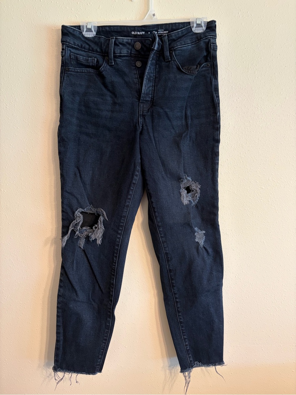 Old Navy - Black Denim Distressed High-Rise OG Straight Jeans